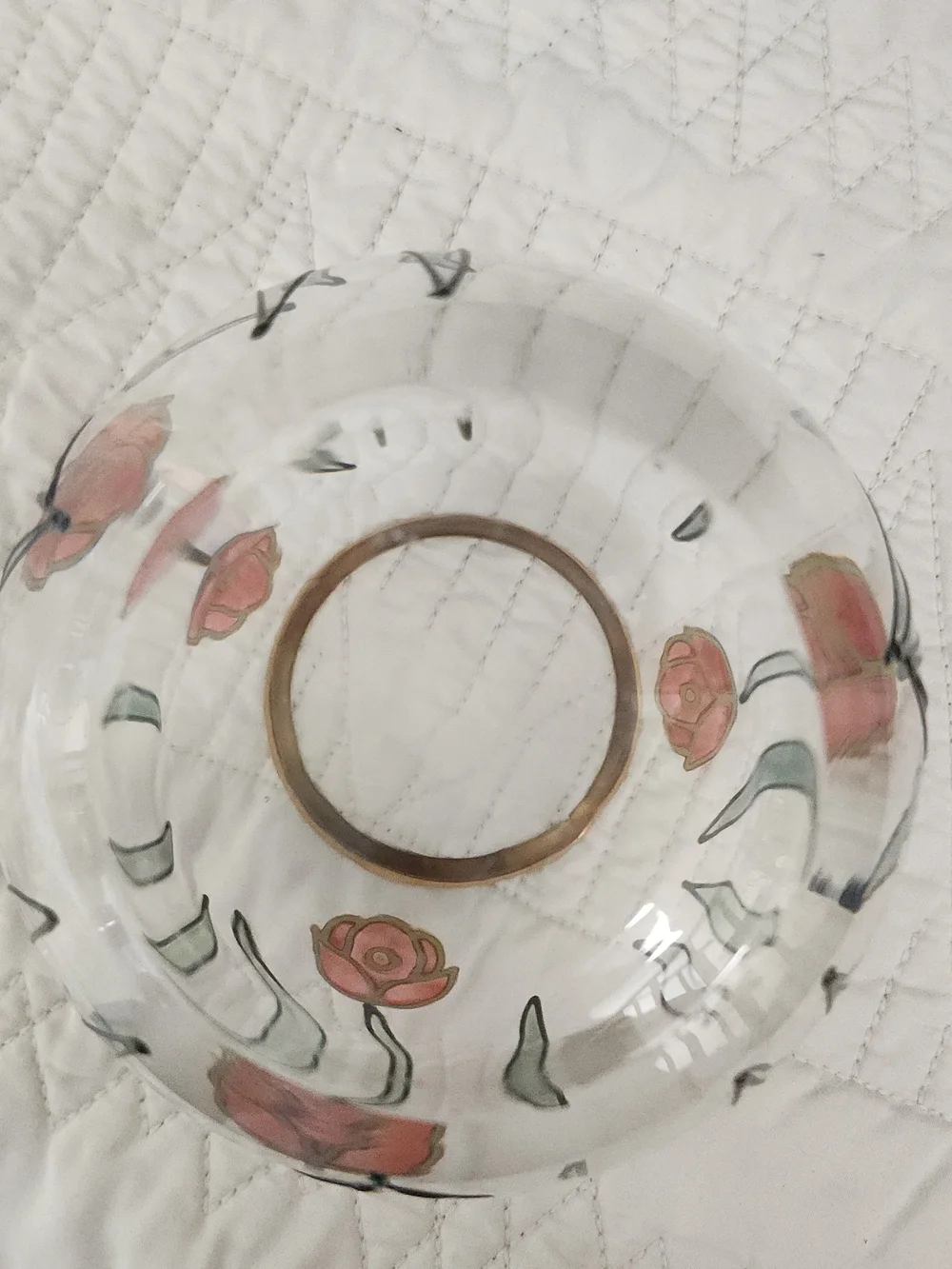 Vintage Romanian Crystal Bowl Vase Hand Painted Floral Gold Rim Mid Century Deco